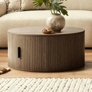 Round Fluted Wood Coffee Table with Storage Cabinet Modern Cylinder Ribbed Living Room Center Table 80cm