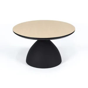 Round Light Wood Veneer MDF Side Table Matte Black Bulb Shaped Iron Pedestal Low Coffee Table