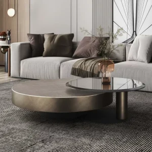 Round Tempered Glass Coffee Table Antique Bronze Stainless Steel Side Table