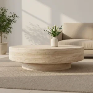 Round Travertine Coffee Table Modern Living Room Furniture Low Profile Center Accent Table for Home Villa Apartment Lounge