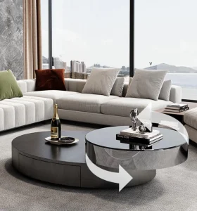 Round Wheel Rotating Coffee Table Portable Swivel Sliding Clear Glass Center Table with Drawer