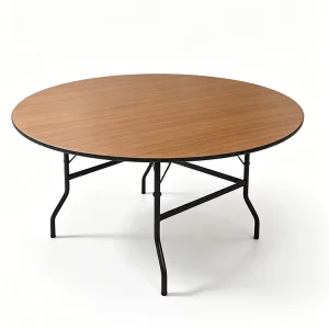 Round Wood Grain Plywood Folding Banquet Table Foldable Black Iron Legs for Wedding Hotel Event Party Restaurant