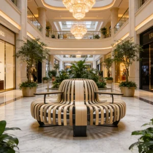 Round Wooden Bench with Armrests Low Maintenance Outdoor Street Furniture Bench Mall Interior
