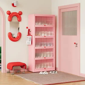Rounded Design Living Room Large Capacity Metal Shoe Rack Storage Cabinet 5 tier Dust proof Steel Shoe Rack with Door