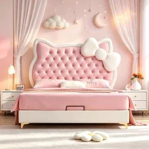 Rounded Edge Solid Wood Upholstered Kids Bed Frame with Kitty Headboard Cream Bed with Storage Drawers for Princess Child Room