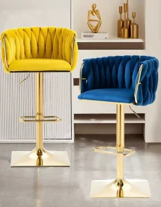 Royal Blue Velvet Bar Stool Polished Gold Metal Base Hydraulic Adjustable Swivel Counter Chair with Footrest for Nightclub Bar