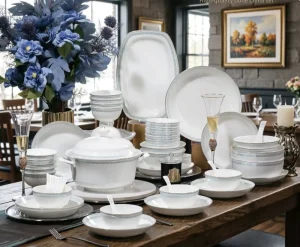 Royal Ivory Bone China Dinnerware Set for Luxury Wedding Party Grand Banquet Elegant Porcelain Full Dinner Set 50 Pcs