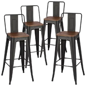 Runwood Commercial Industrial Furniture Dining Cafe Restaurant Bistro Metal Iron High Back Rest Bar Stool Chair With Wooden Seat