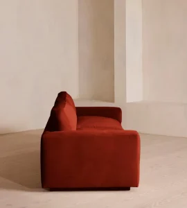 Rust Red Velvet Wide Recessed Square Arm Low Floating Base Modern Indoor Two Seater Sofa