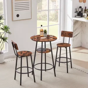 Rustic Brown Round Bar Table Set with Storage Shelf 2 Backrest Bar Stools Industrial Bar Height Furniture for Home Pub Kitchen