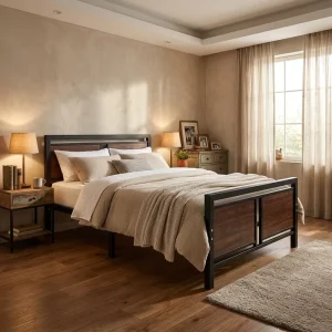 Rustic Brown Wooden Panel Bed Frame Twin Size Steel Bed Base Low Profile Metal Platform Bedroom Furniture for Home Apartment
