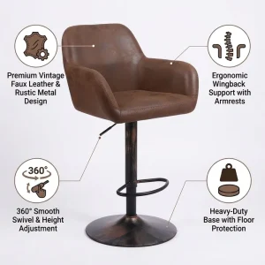 Rustic Industrial Leather Bar Chair Metal Base Vintage Wingback Support with Armrests Height Adjustable Swivel Counter Stool