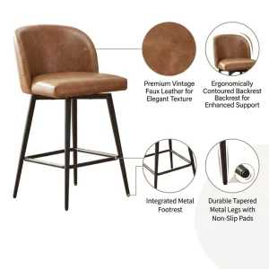 Rustic Industrial Leather Bar Chair Metal Base with Tapered Leg Integrated Footrest Elegant Vintage Texture Swivel Counter Stool