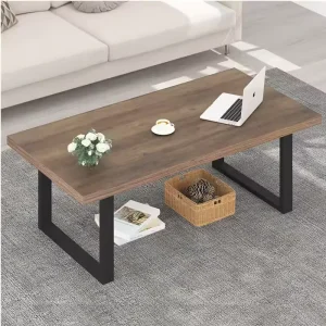 Rustic Industrial Office Coffee Table with Thick Wood Top and Metal Legs for Reception Room and Lounge Area