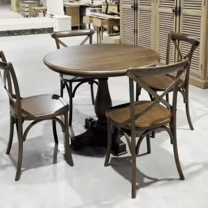 Rustic Round Solid Wood Dining Table Set with 4 Cross Back Chairs Vintage Farmhouse Style Furniture for Restaurant and Café