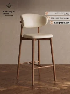 Rustic style Solid Wood Bar Stool Genuine Leather Seat Armrest free Commercial Use 55 60cm Seat Height Pedal Configuration
