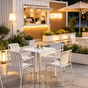 Rustproof White Outdoor Metal Patio Dining Table Chair Set Cafe Furniture for Coffee Shop Bistro