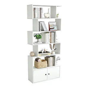 S-Shaped 6-Tier Freestanding Bookshelf with Cabinet and Doors Elegant Bookcases for Home Office Use