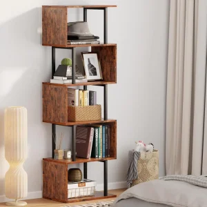 S Shaped Industrial Bookshelf Steel Wood Open Storage Rack Geometric Display Shelf Living Room Decor Bookcase Metal Frame