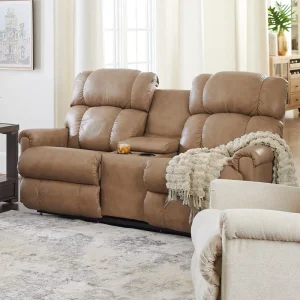 SANS Modern Genuine Leather Wood Frame Extendable 2 Seat Reclining Lounge Sofa with Console