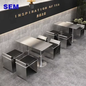 SEM Modern Restaurant Furniture Table and Chair Leather Cushion Brushed Stainless Steel Tabletop for Coffee Shop Ice Cream Shop
