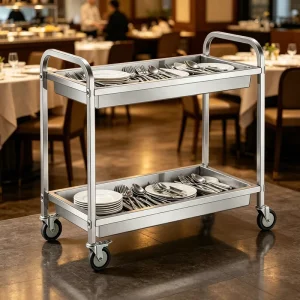 SS304 SS201 Restaurant Mobile Tableware Service Cart Kitchen Double Tier Dish Clearing Trolley for Banquet Buffet
