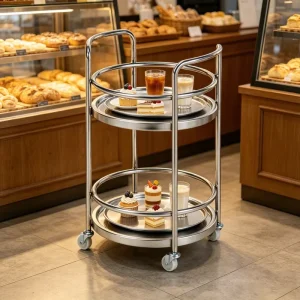 SS304 SS201 Round Commercial Restaurant Beverage Trolley 2 Tier Beverage Coffee Dispenser Cart with Wheels