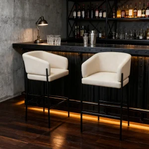 ST 8893 1 New Modern High Back Fabric Bar Stools Red Metal Legs Luxury Dining & Home Bar for Mall Use