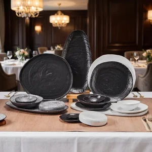 ST Luxury Creative Black White Grey Ceramic Set Dinnerware Rim Plate Dishes Bowls Porcelain Restaurant Hotel Catering