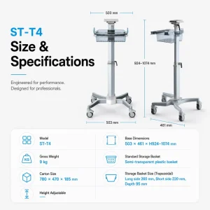 ST T4 Medical Trolley Height Adjustable Semi Transparent Basket Silent Casters OEM ODM Factory Direct Global Export