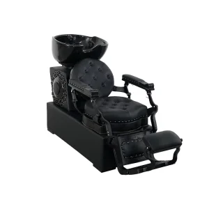 SW Modern Barber Hair Wash Chair Durable Synthetic Leather Black Ceramic Basin Shampoo Bed Head Spa Adjustable Footrest Workshop