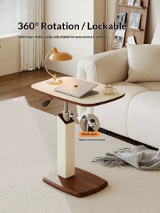 Saddle Leather Lifting Side Table Household Bedside Table Antique Living Room Coffee Table Small Movable 360 Rotation Computer