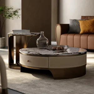 Saddle Leather Nesting Coffee Table Set Stainless Steel Frame Modern Light Luxury Two Piece for Living Room
