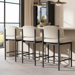 Sageliving Minimalist Solid Wood Bar Stool Curved Upholstered Backrest Fabric Counter Height Bar Chair