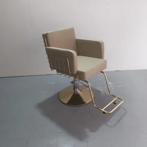 Salon Furniture Beige PU Hydraulic Salon Styling Chair Golden Metal Frame Hairdressing Chair for Hair Beauty Salon