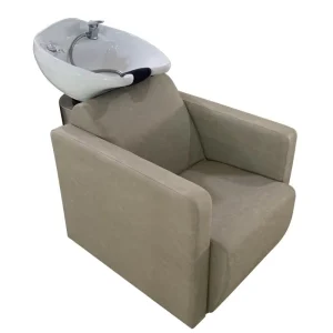 Salon Furniture Beige Suede Shampoo Chair Integrated White Ceramic Hair Washing Basin for Modern Beauty Barber Salon