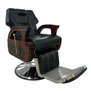 Salon Furniture Black PU Reclining Hydraulic Barber Chair Wooden Armrest Chrome Base for Barbershop Beauty Salon