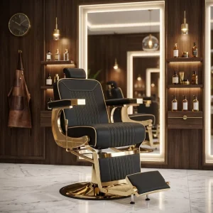 Salon Furniture Durable Reclining Barber Chair with PU Leather Seat Golden Finish for Workshop and Barbershop Use