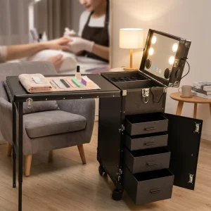 Salon Furniture Nail Table Makeup Box with Bluetooth & Storage Foldable White Manicure Station for Nail Salon Nail Table
