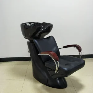 Salon Furniture Retro Black Reclining Shampoo Chair Wood Chrome Armrest Glossy Black Ceramic Basin for Barber Hair Salon