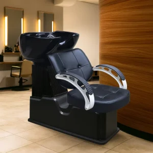 Salon Shampoo Chair with Black Bowl and Silver Armrest Comfortable Backwash Unit for Hairdresser and Beauty Shop