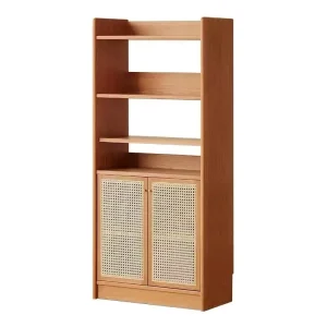 Scandinavian Modern Solid Wood Bookshelf Rattan Doors Multi Functional Open Display Shelves Closed Storage Cabinet Living Room