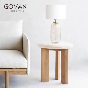 Scandinavian Style Solid Wood Side Table with Travertine Top for Home Reception Areas and Hotels