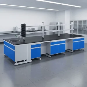 School Commercial Central Lab Bench Industrial Grade All Steel Lab Workstation With Storage Cabinet Reagent Rack and Faucet