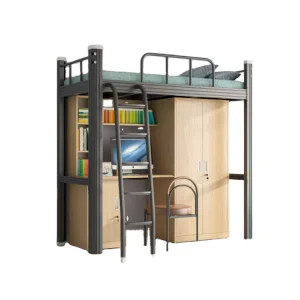 School Loft Bed with Desks and Bookcase Space Saving Dormitory Bunk Beds Multifunctional Metal Bed with Storage Cupboard