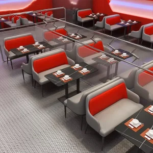 Sci fi Theme Restaurant Furniture Customized High Back Banquette Sofa Seating and Pedestal Table Set for Trendy Bistro Nightclub