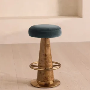Sculptural American Tree Burl Bark Bar Stool Velvet Upholstered Counter Chair Luxury Brass Base Tavern High Stool for Villa