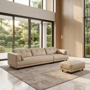Sectional Leather Sofa Set Contemporary Minimalist Design Extendable Feature Stainless Steel Legs Living Room