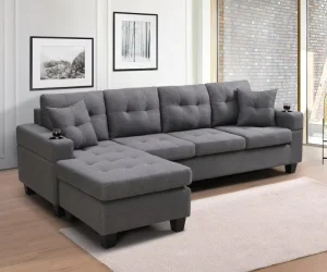 Sectional Sofa Couch Modern 4 Seaters Living Room Furniture Sets with Reversible Chaise Lounge L Shape Linen Fabric Couch