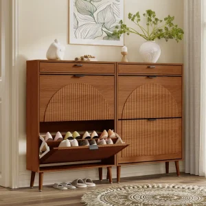 Semi-Circular Vertical Fluted Narrow Shoe Cabinet with Top Drawer Pull-Out Shoe Rack Solid Wood Leg Wabi Sabi Entryway Storage